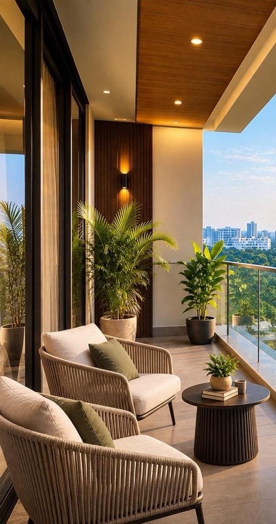 Furnished balcony with lounge chairs and plants overlooking green parkland