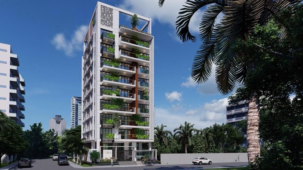 Daytime render of Jolshiri Residence 01, a white residential tower with planted balconies and a brick-toned vertical accent