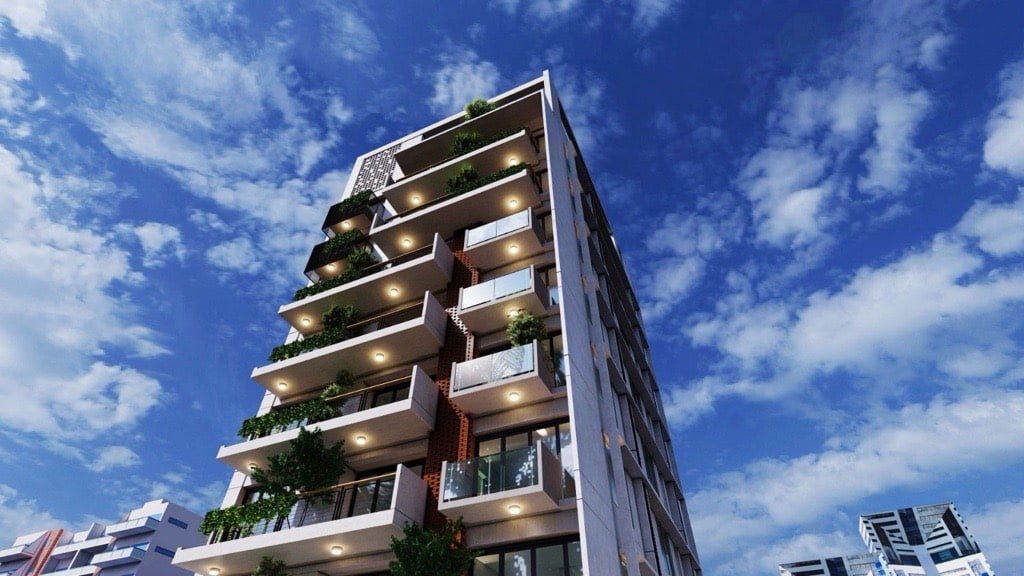 Low-angle render looking up at the cantilevered balconies of Jolshiri Residence 01