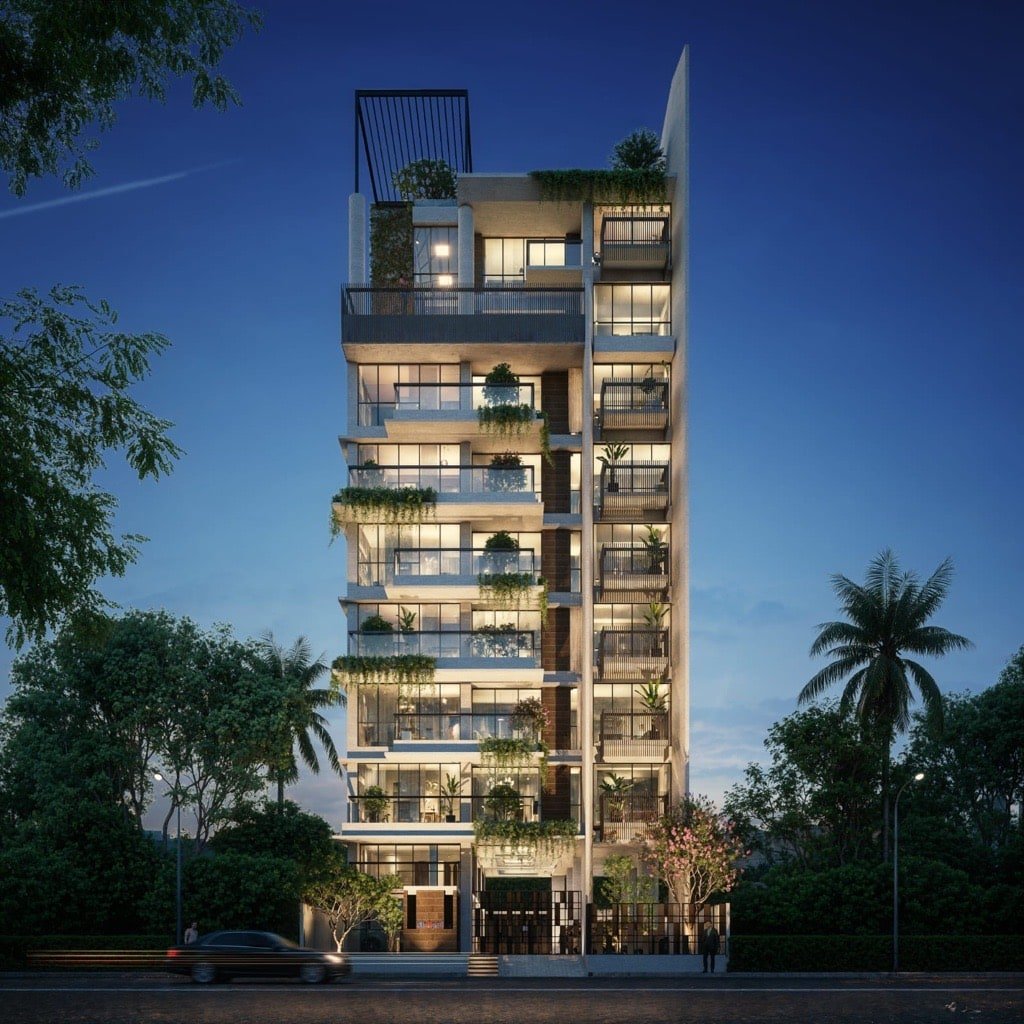 Dusk architectural render of a contemporary BuildCraft residence with lit balconies and cascading greenery