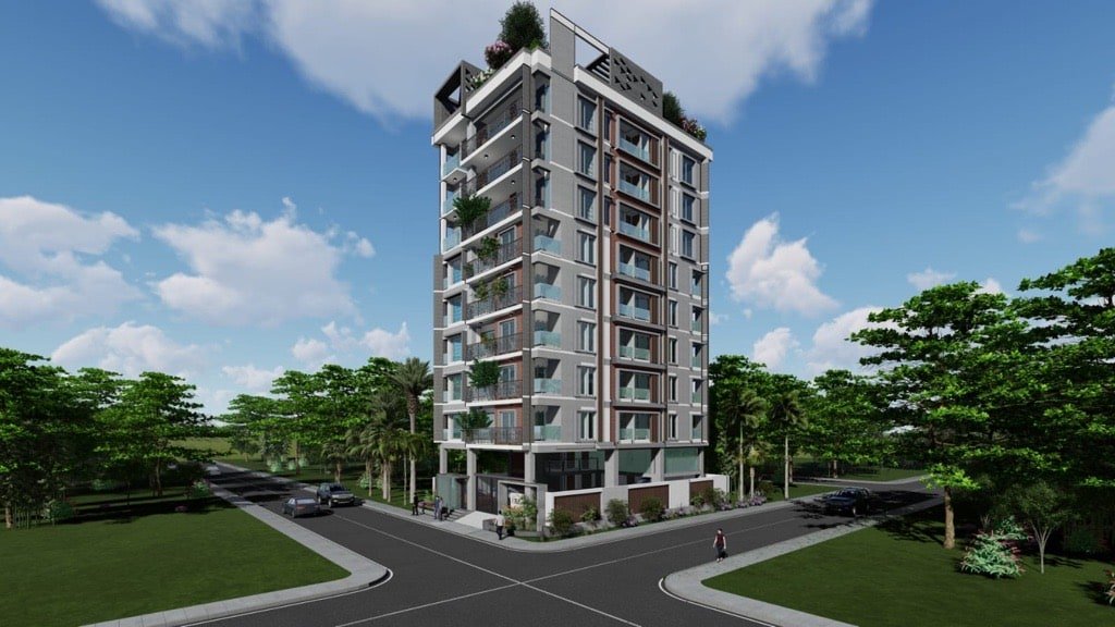 Aerial-perspective render of Jolshiri Residence 03 at a road intersection